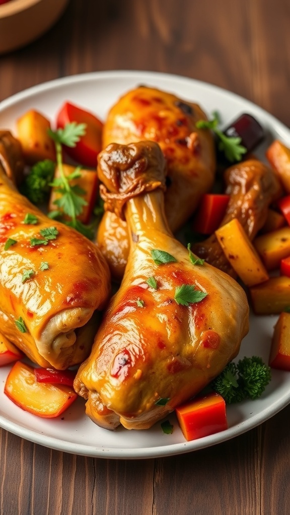 Golden-brown oven-baked chicken drumsticks garnished with herbs, served with roasted vegetables on a rustic table.